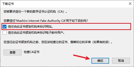 勾选信任由此证书颁发机来标识网站,点击确定